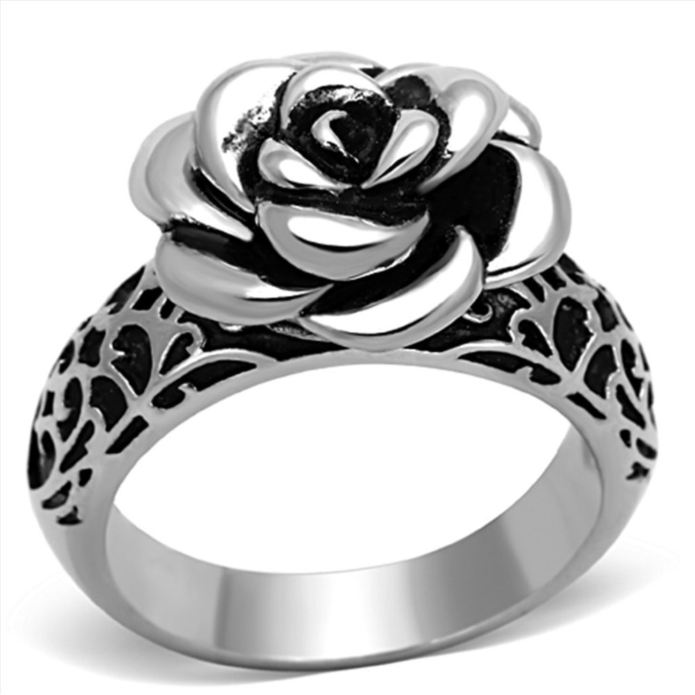Sculpted Blooming Rose Stainless Steel Ring Sz5-10